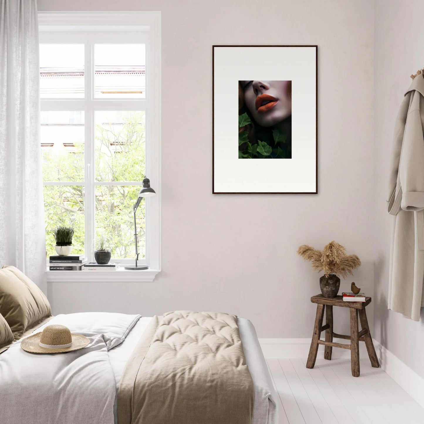 Framed wall art of red lips and green foliage for vibrant room decor, Leaf Symphony