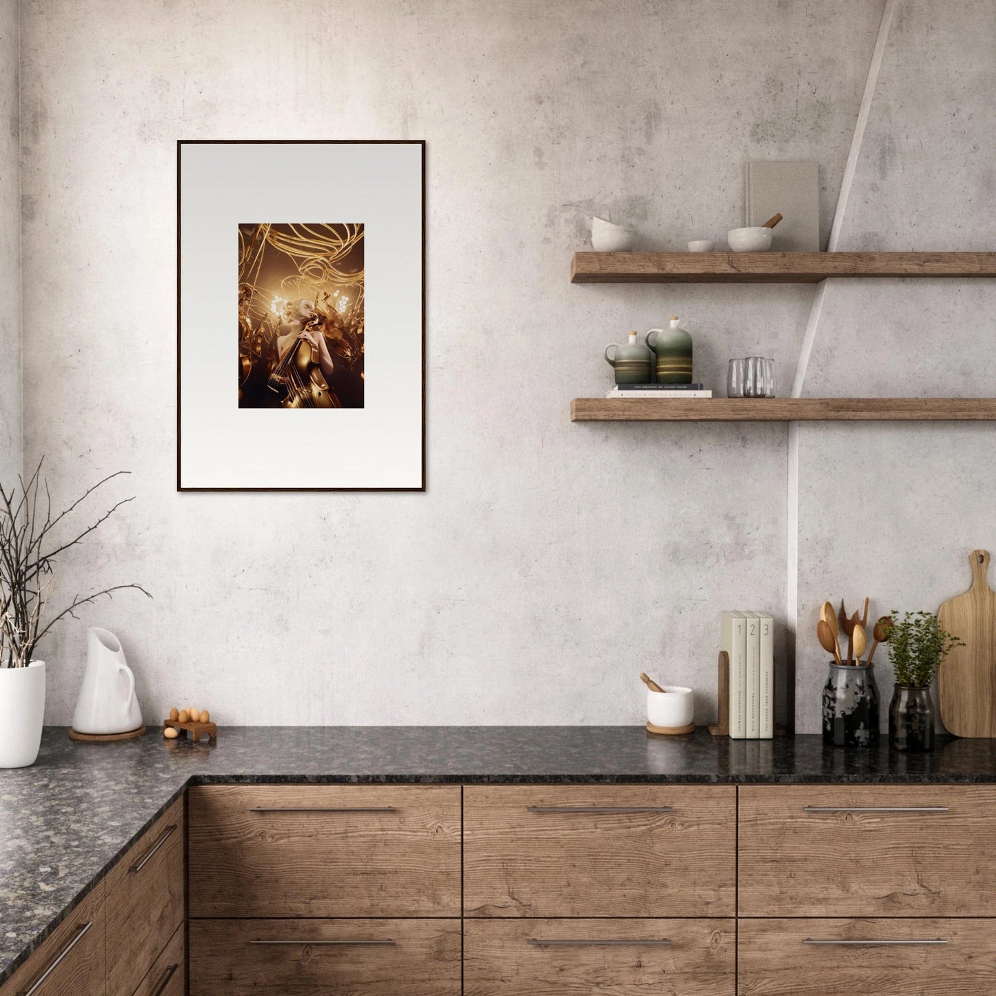 Framed wall art of a religious scene, enhancing room decor with Harmony Enigma