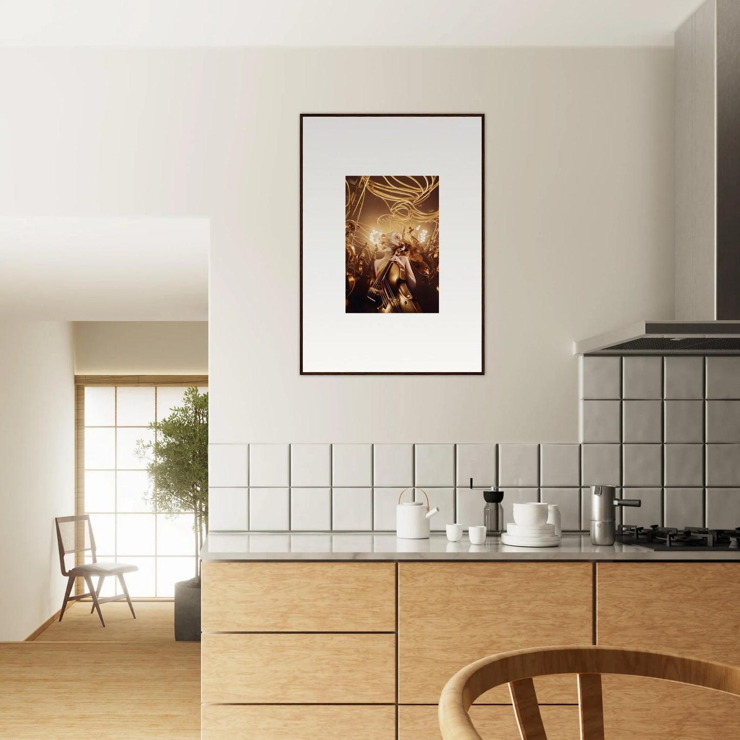 Framed wall art of a religious scene adds harmony enigma to kitchen room decor