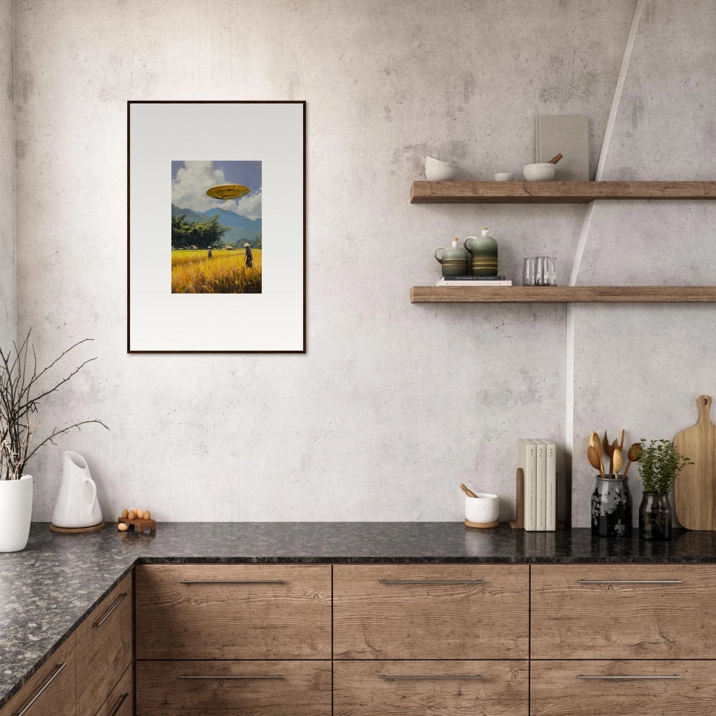 Framed wall art of a rural landscape with UFO for unique Room Decor, Circles Kabuki