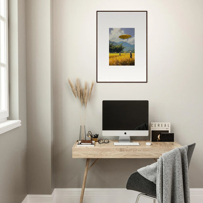 Framed wall art featuring rural landscape and UFO, perfect for unique room decor