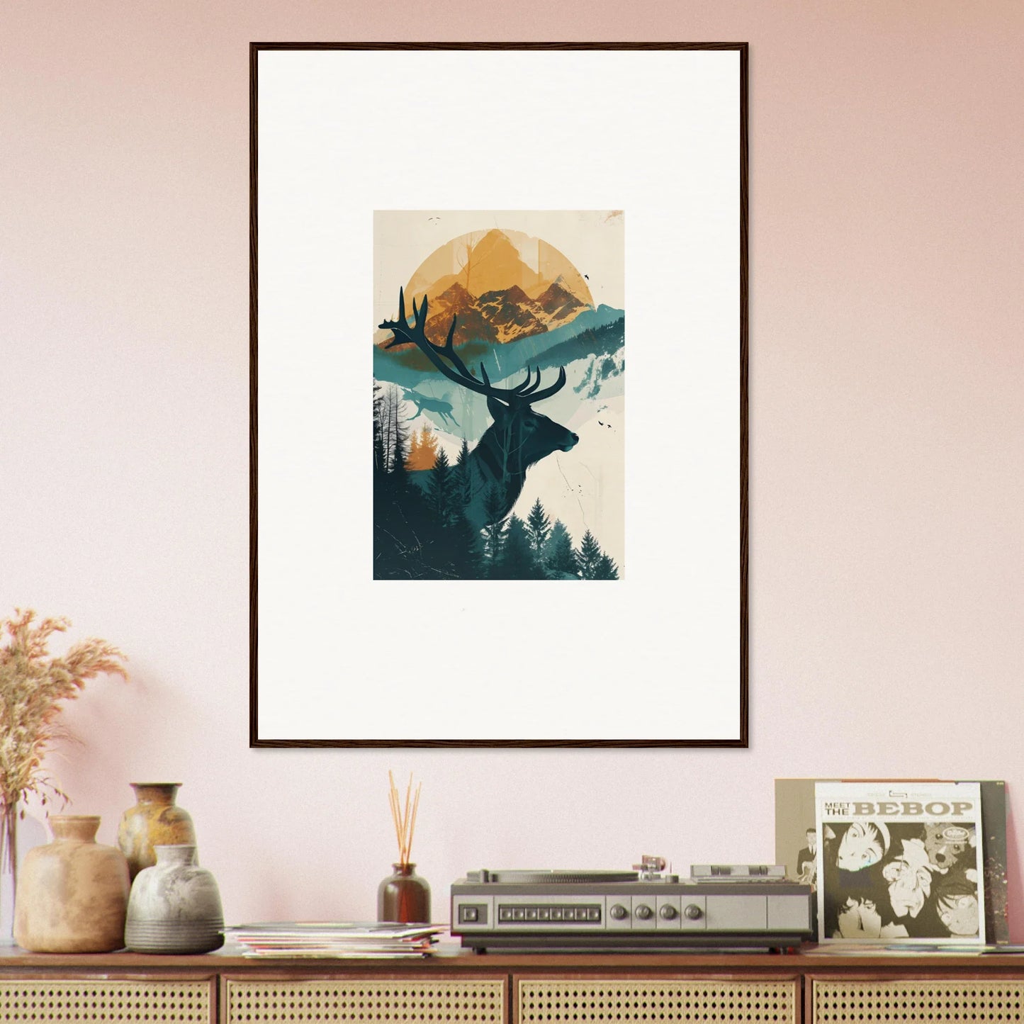 Framed wall art of a mountain landscape with deer silhouette for reflection solace room decor