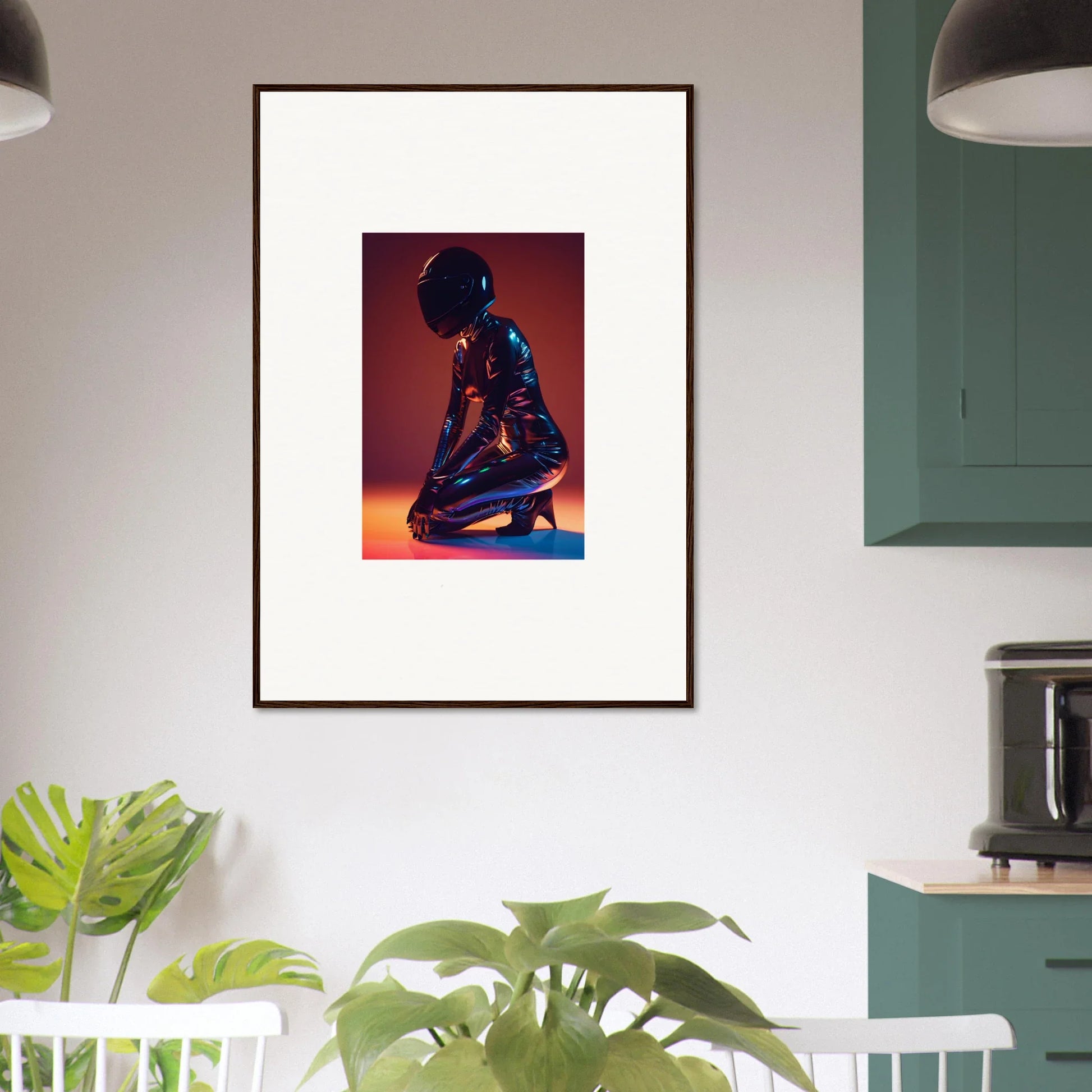 Framed wall art of a metallic humanoid figure, perfect for Night Oracle room decor