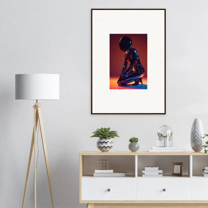 Framed wall art of a shiny humanoid figure on a reddish background for night oracle room decor