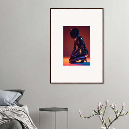 Framed wall art of a metallic humanoid figure in a dramatic pose, Night Oracle decor