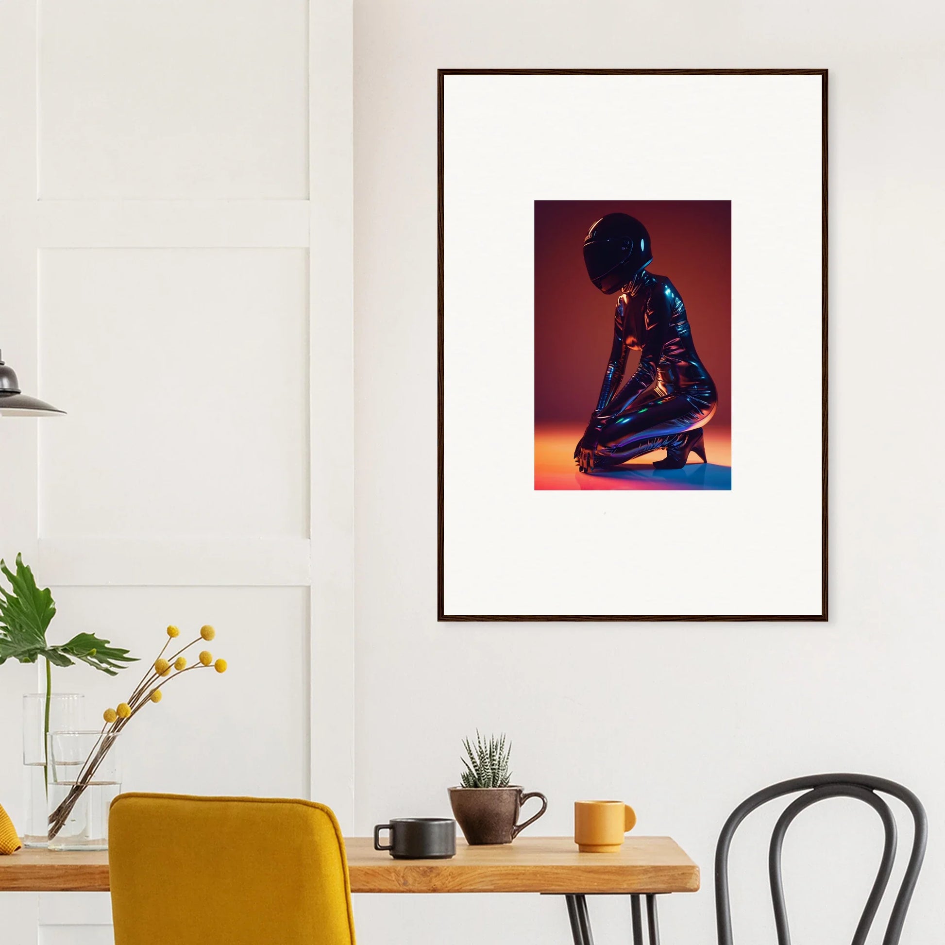 Framed wall art of a metallic humanoid figure in a kneeling pose, Night Oracle themed