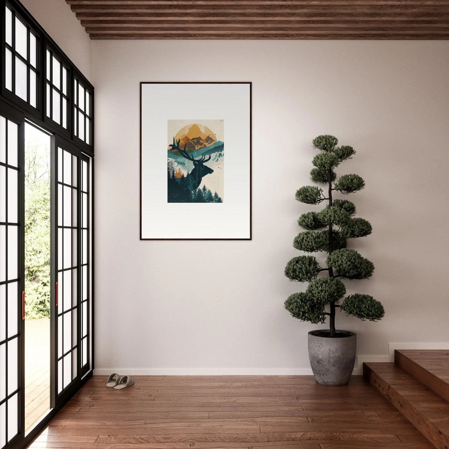 Framed wall art of a bear silhouette filled with a mountain landscape for calming reflection solace