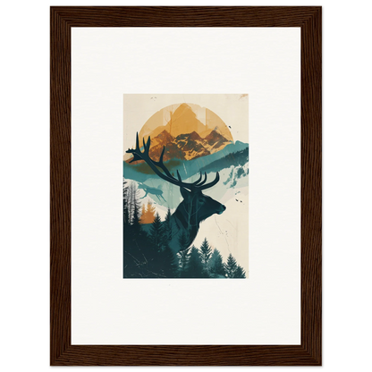 Framed wall art of a silhouetted deer in a mountain landscape for reflection solace