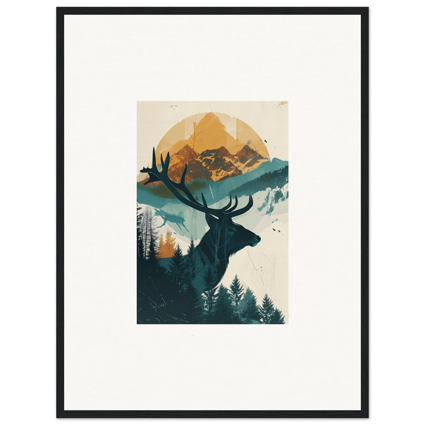 Framed wall art of a silhouetted deer in a mountain landscape for reflection solace