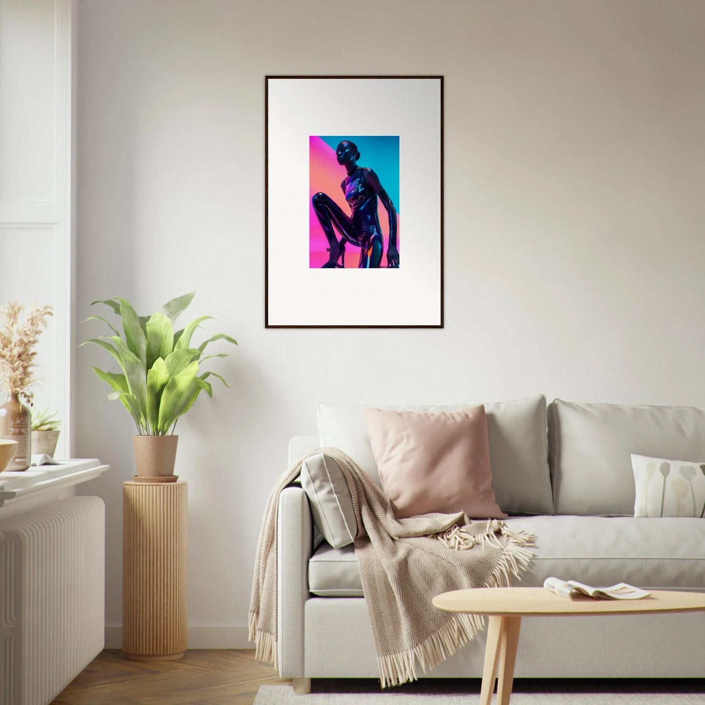 Framed wall art of a silhouetted figure in vibrant pink and blue neon symphony tones