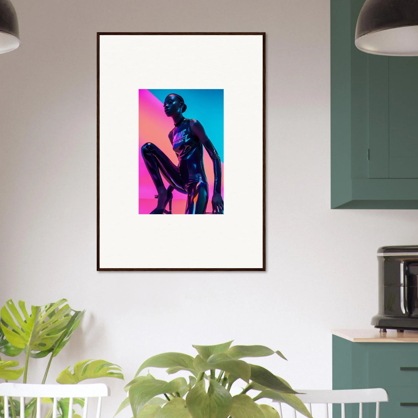 Framed wall art featuring a silhouetted figure in a vibrant Neon Symphony design