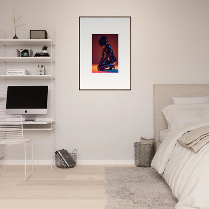 Framed wall art featuring a silhouetted figure in vibrant red and orange for night oracle room decor