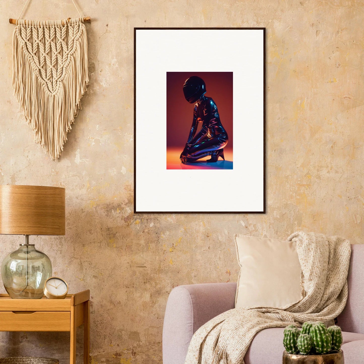 Framed wall art of a kneeling figure on a reddish background for night oracle room decor