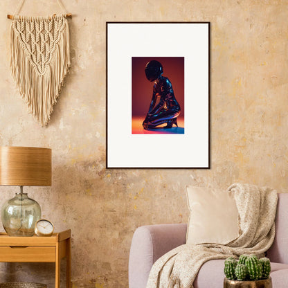 Framed wall art of a kneeling figure on a reddish background for night oracle room decor