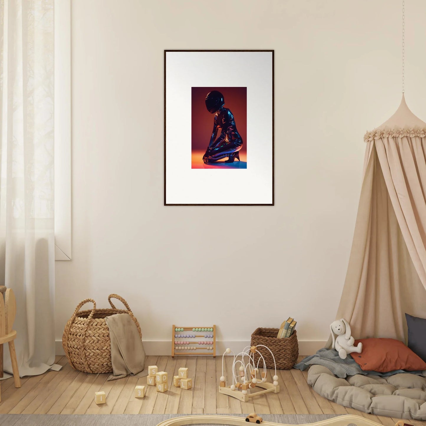 Framed wall art of a silhouetted figure in a reddish background for room decor