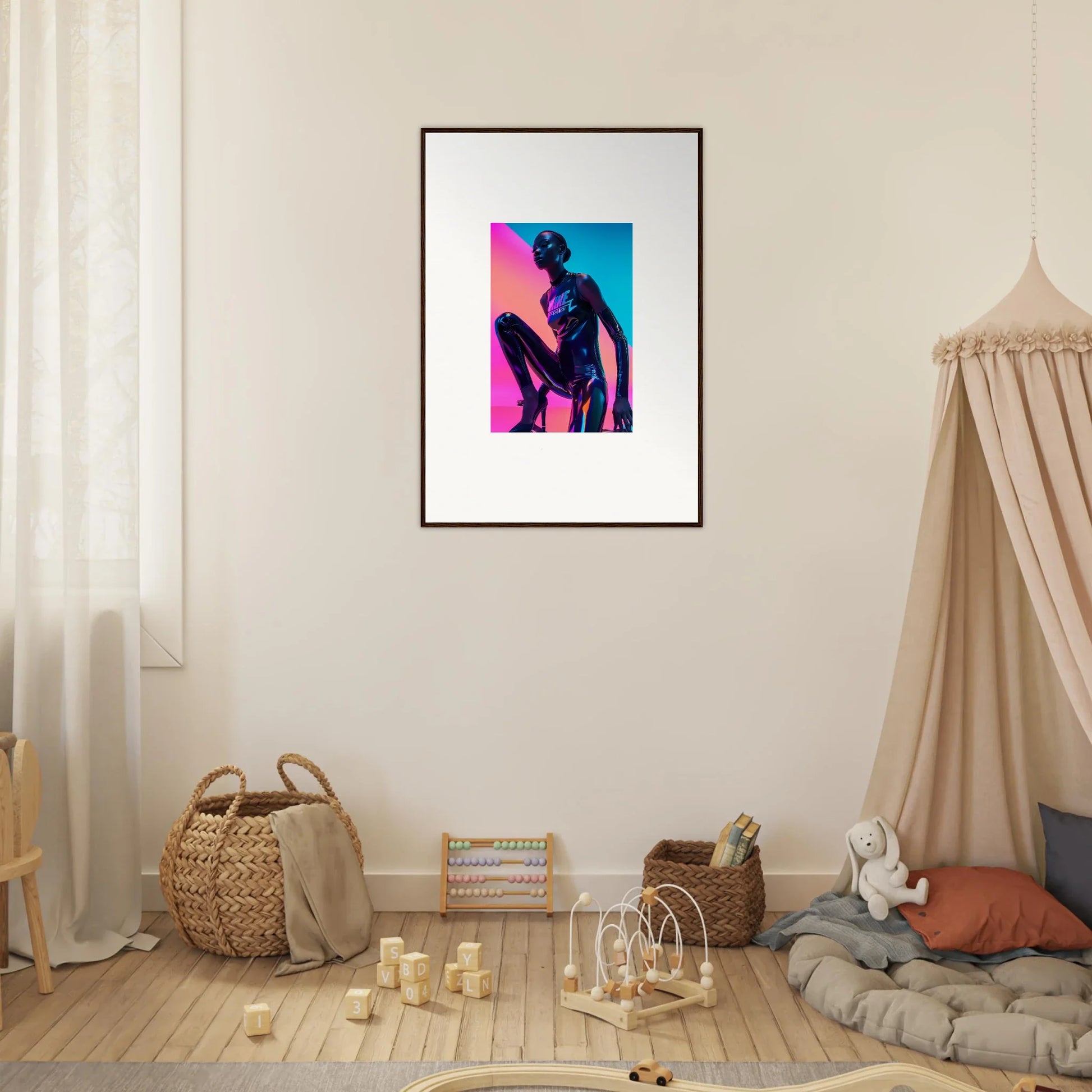 Framed wall art of a silhouetted figure in Neon Symphony blue and pink colors for room decor