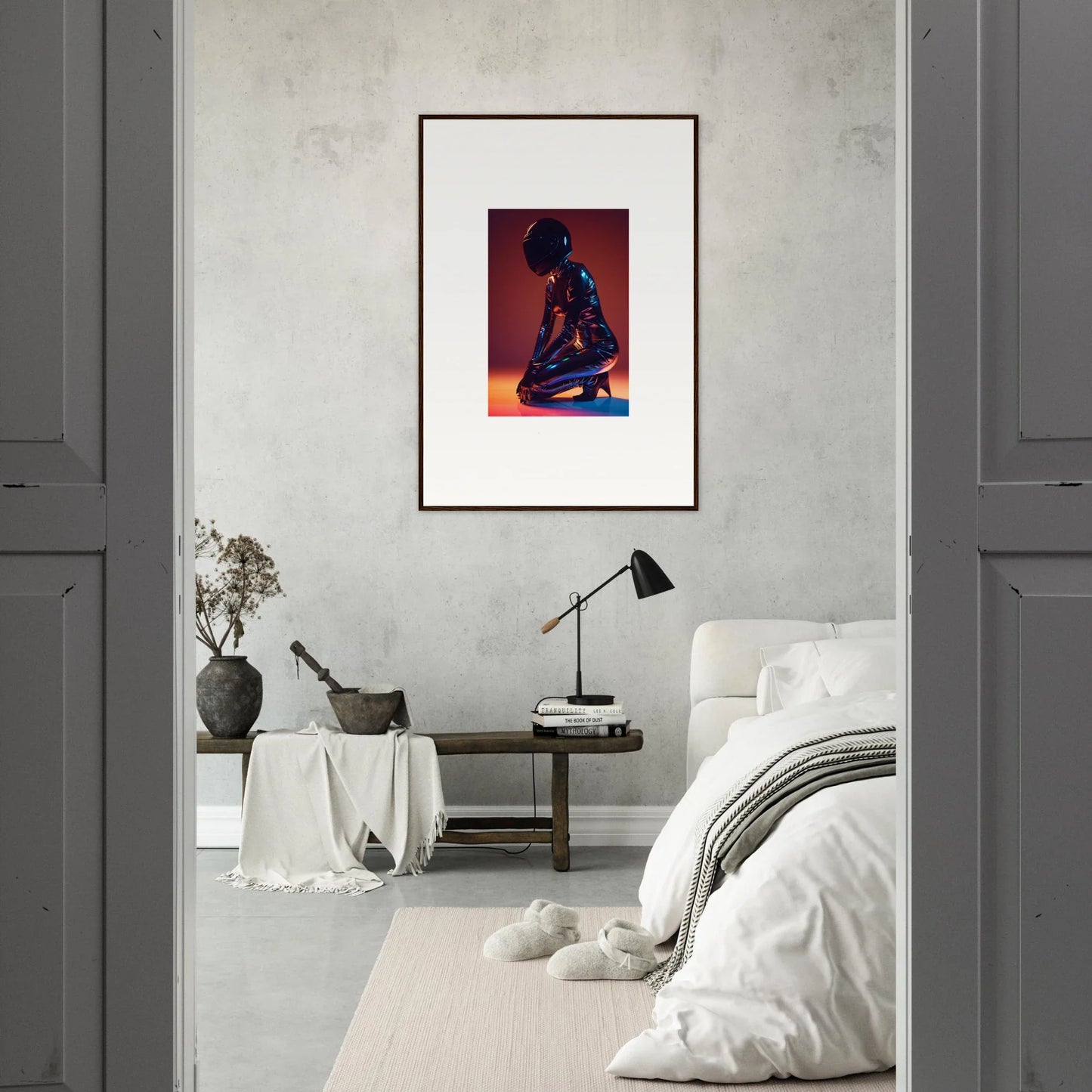 Framed wall art of a silhouetted figure in seated pose against a reddish background for night oracle room decor