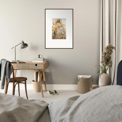 Framed wall art of a soft ethereal figure in golden hues for elegant room decor