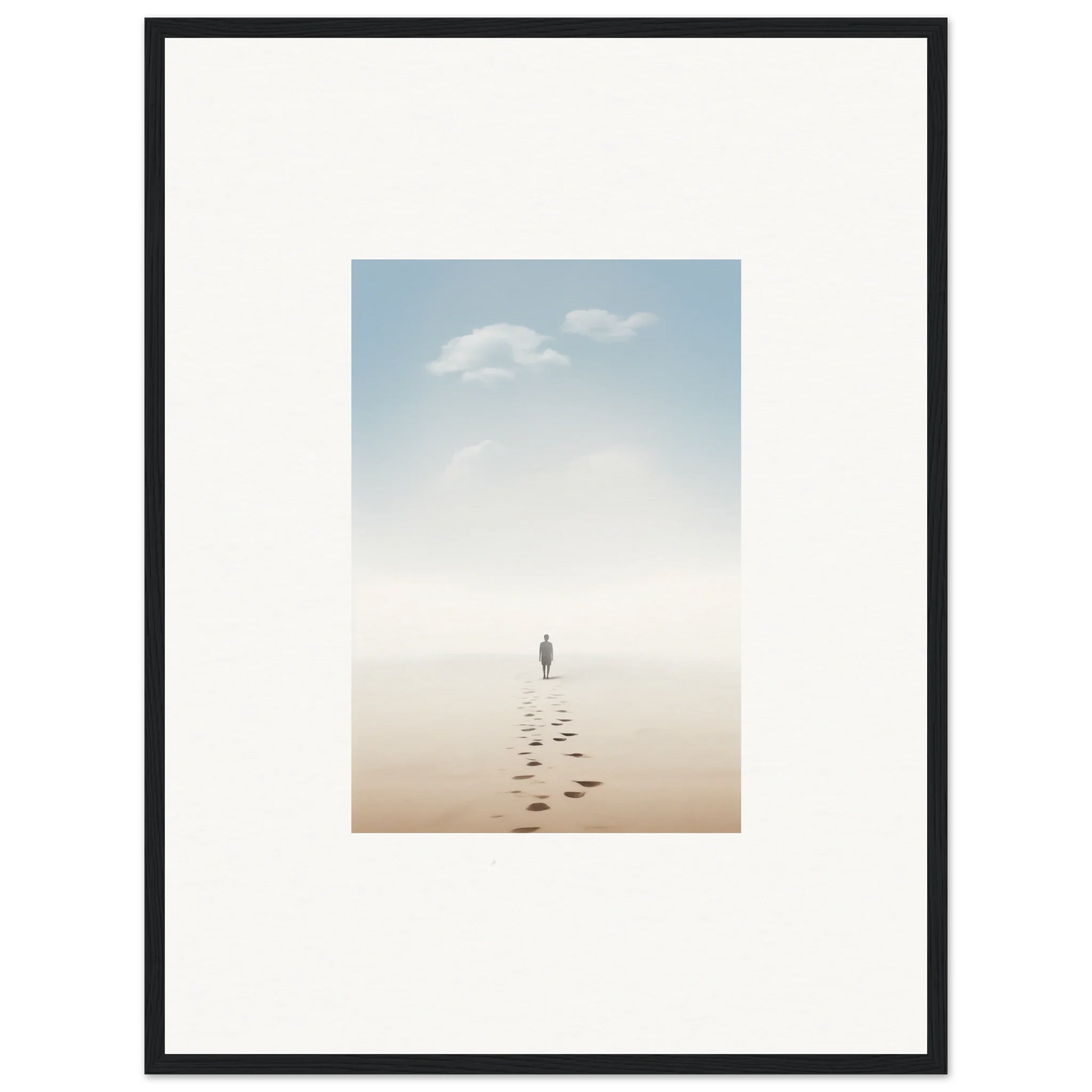 Framed wall art of a solitary figure on a misty beach evokes entwined nostalgia