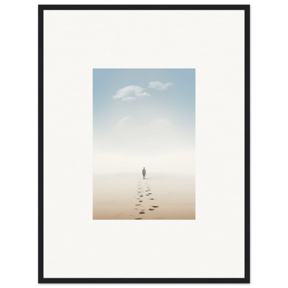 Framed wall art of a solitary figure on a misty beach evokes entwined nostalgia