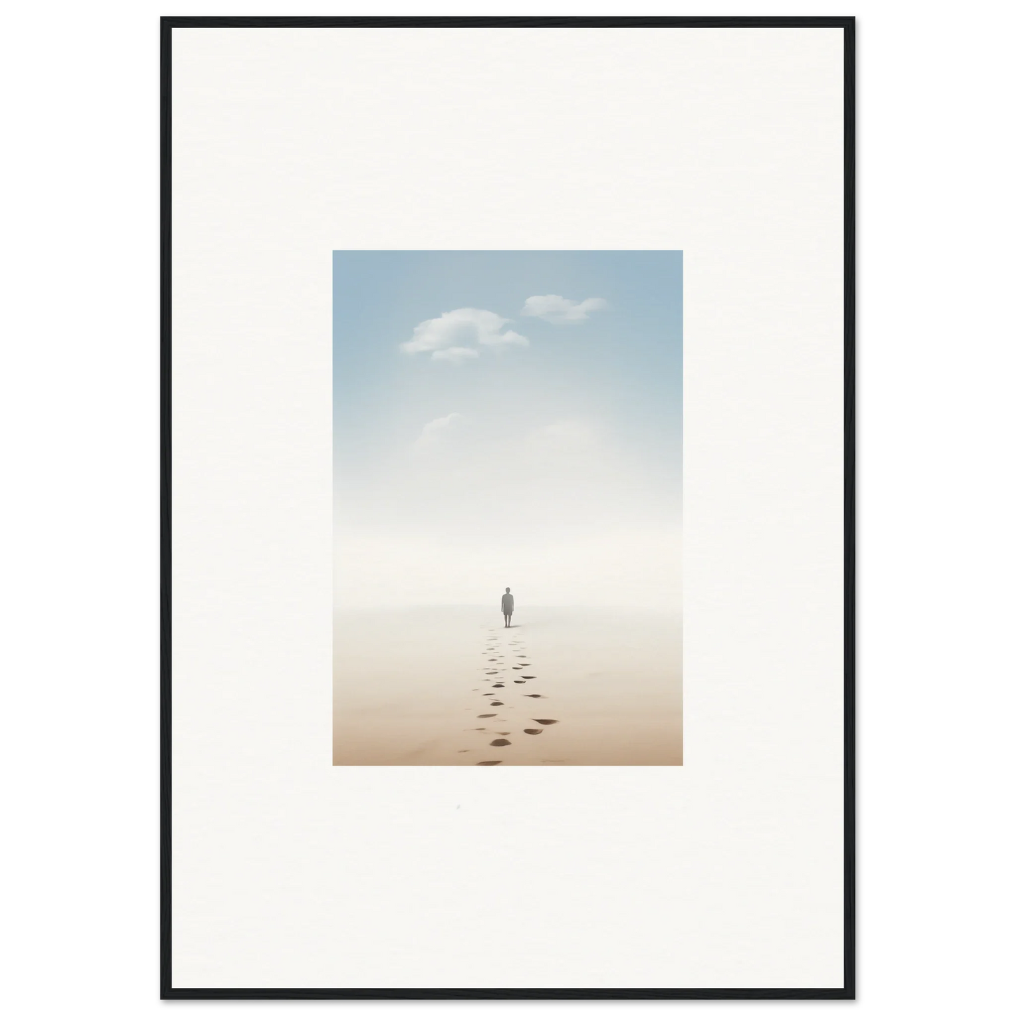 Framed wall art of a solitary figure on a misty beach capturing entwined nostalgia