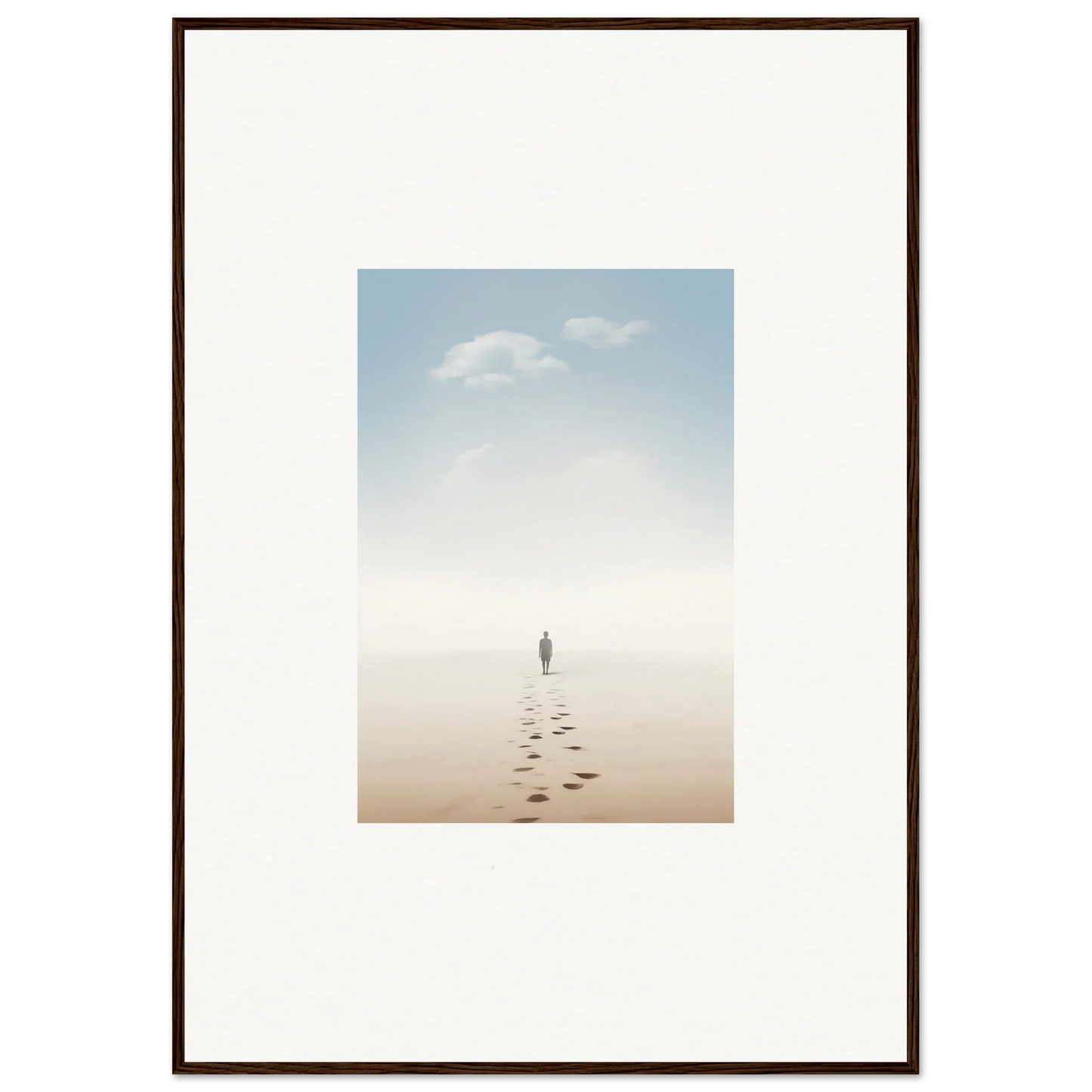 Framed wall art of a solitary figure on a misty beach, evoking entwined nostalgia