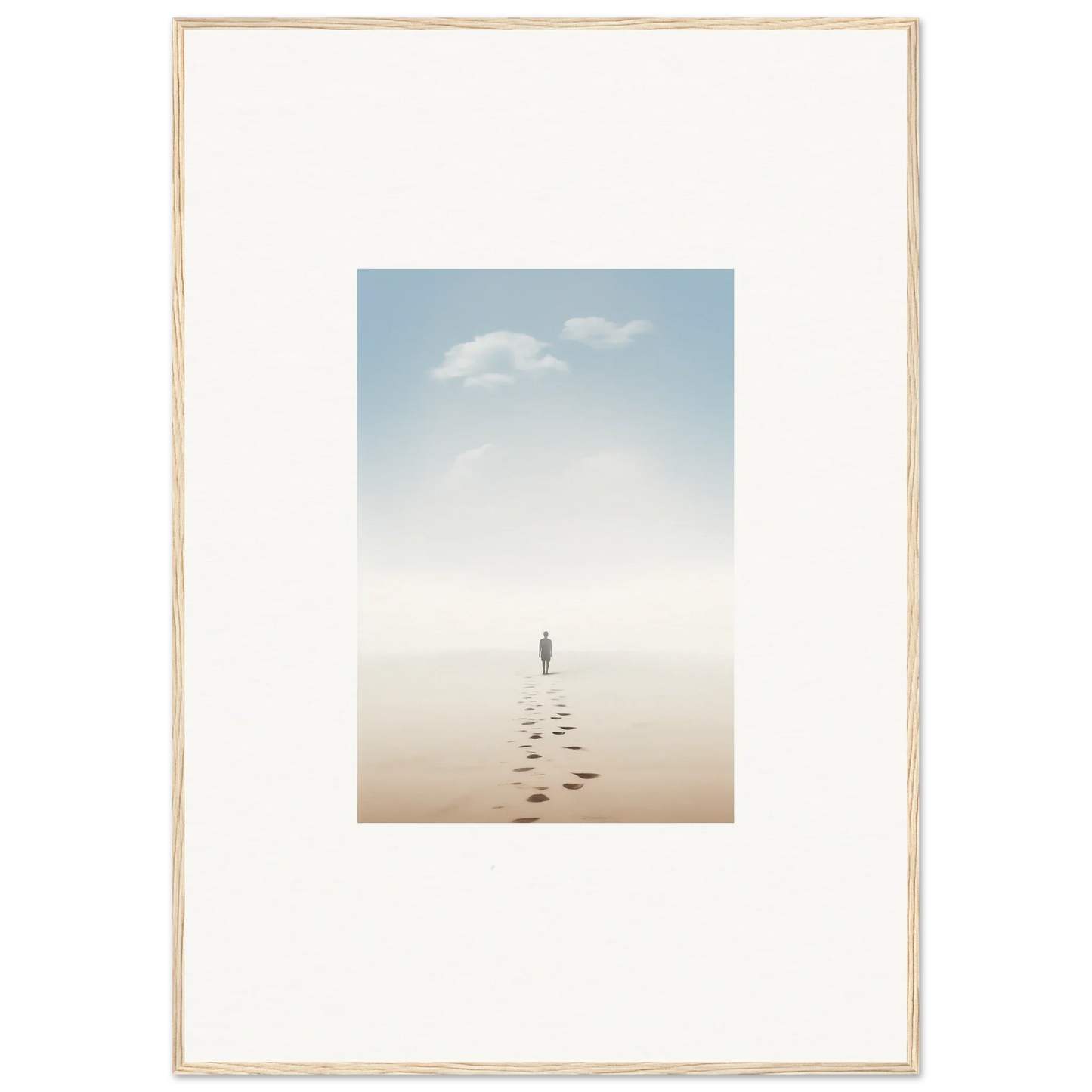 Framed wall art of a figure on a misty beach embodies entwined nostalgia for room decor