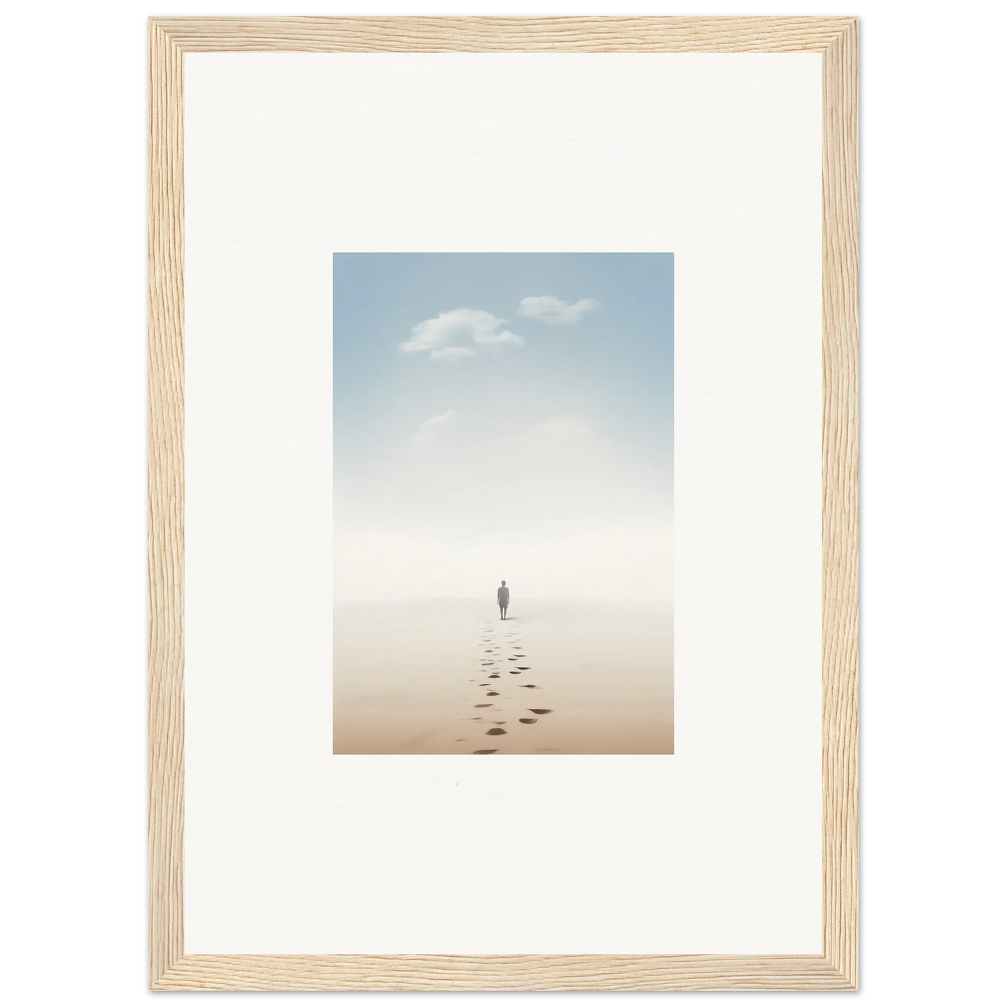 Framed wall art of a solitary figure on a misty beach evokes entwined nostalgia