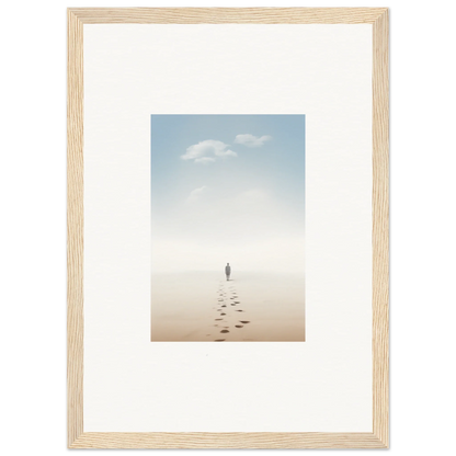 Framed wall art of a solitary figure on a misty beach evokes entwined nostalgia