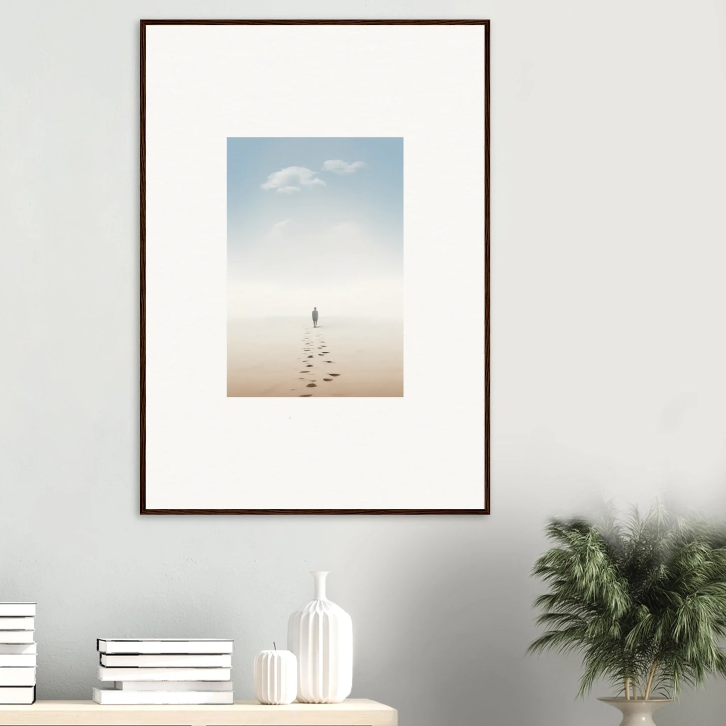 Framed wall art of a solitary figure on a beach, capturing entwined nostalgia for room decor