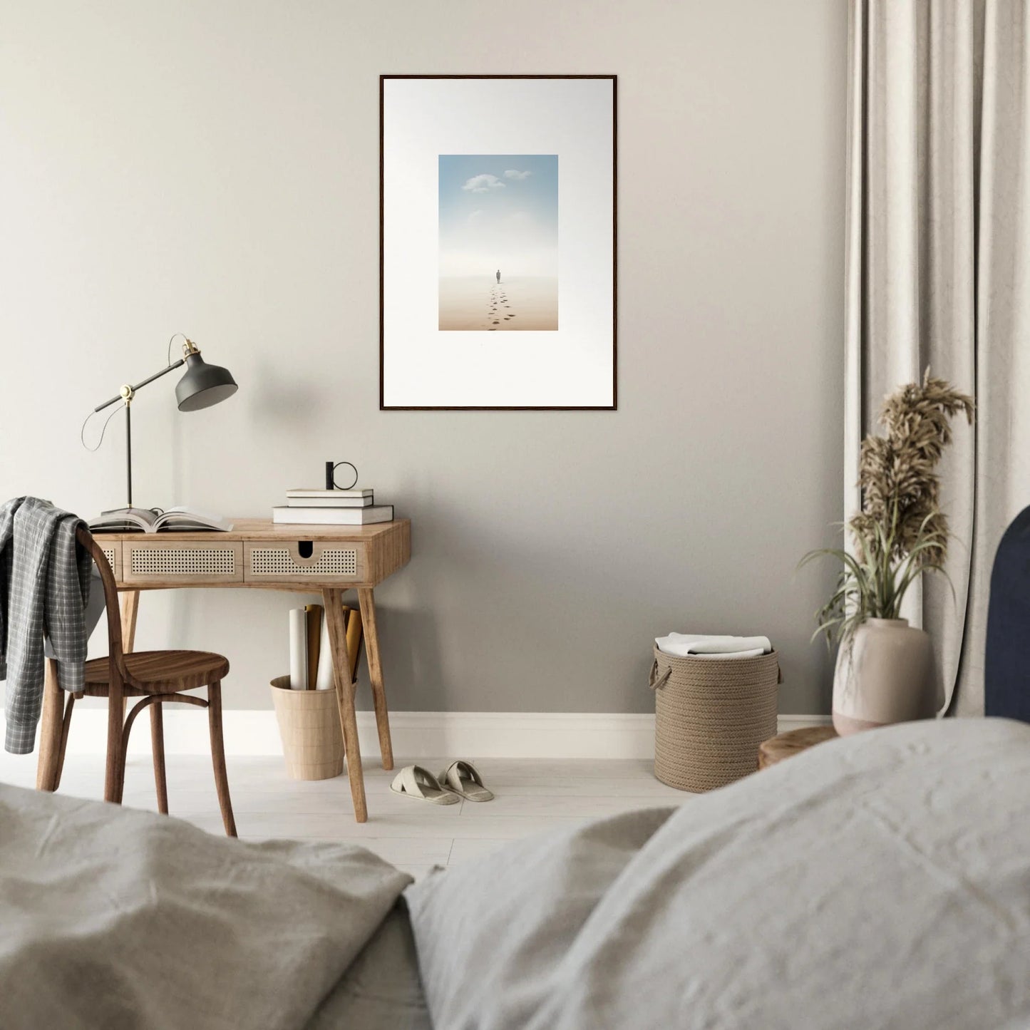 Framed wall art of a solitary figure in a minimalist desert, entwined nostalgia room decor