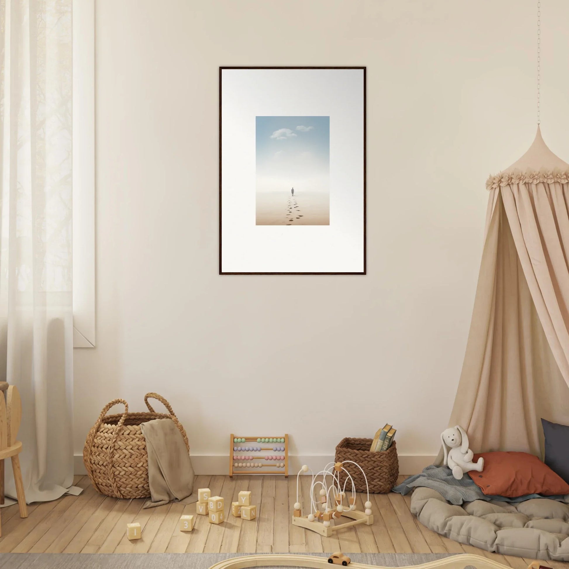 Framed wall art of a solitary figure on a beach, evoking entwined nostalgia for room decor