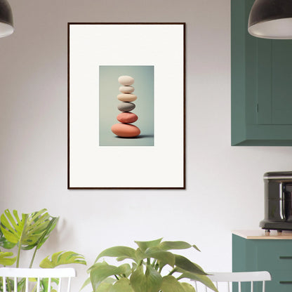 Framed wall art featuring balanced stones, ideal for room decor and canvas prints