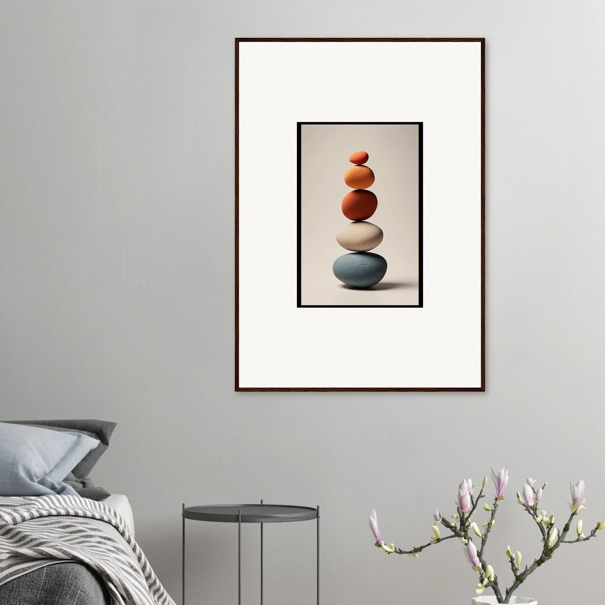 Framed wall art featuring a colorful stone stack in Zen Collage Poetry design for room decor