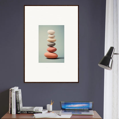 Framed wall art of balanced stones, perfect for serene room decor and canvas prints