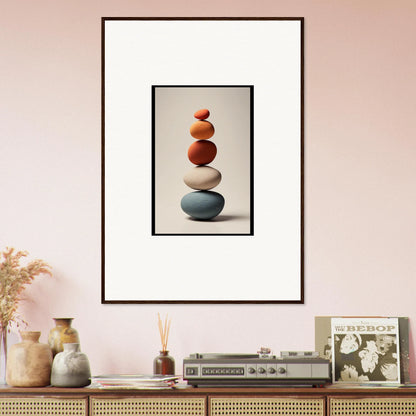 Framed wall art of balanced stones for serene room decor and collage poetry themes