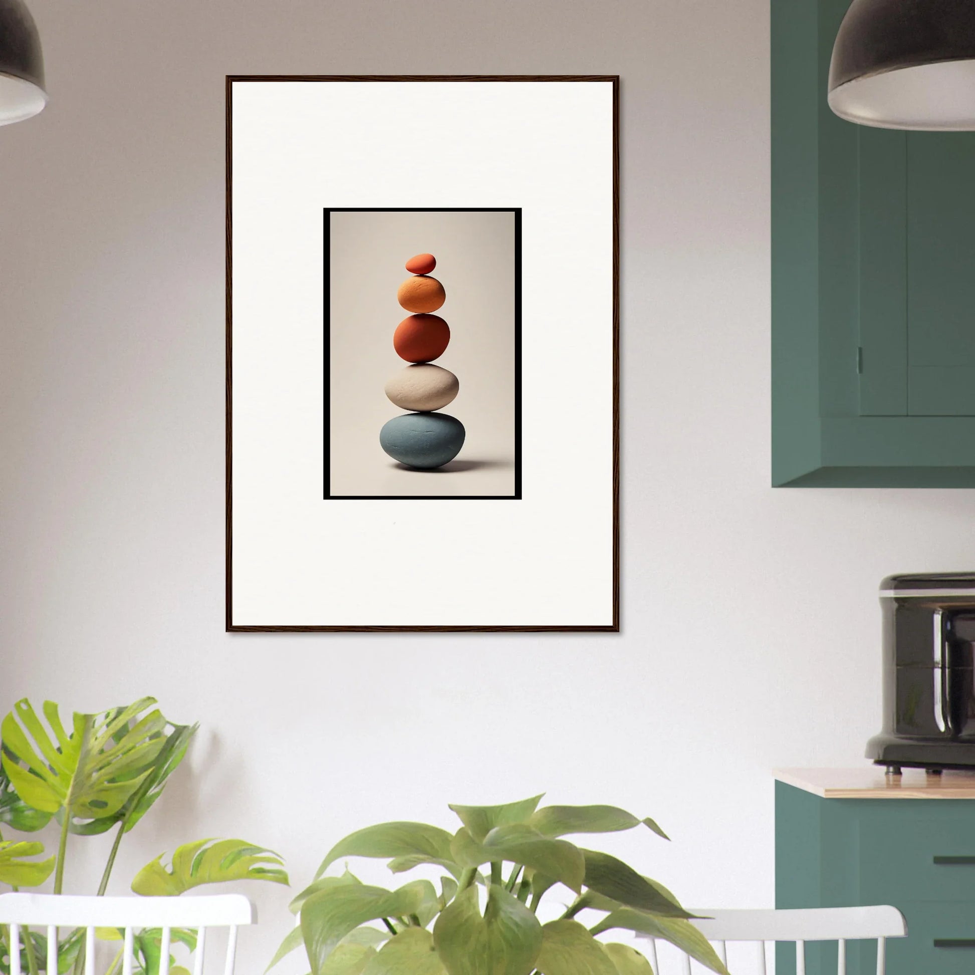 Framed wall art of balanced stones in colors for Zen Collage Poetry room decor