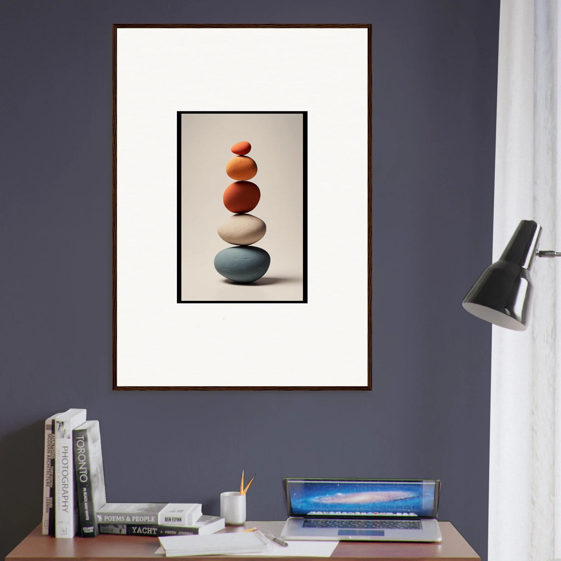 Framed wall art of balanced stones for serene room decor and collage poetry vibes