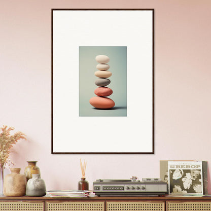 Framed wall art of balanced stones in muted colors for stylish room decor