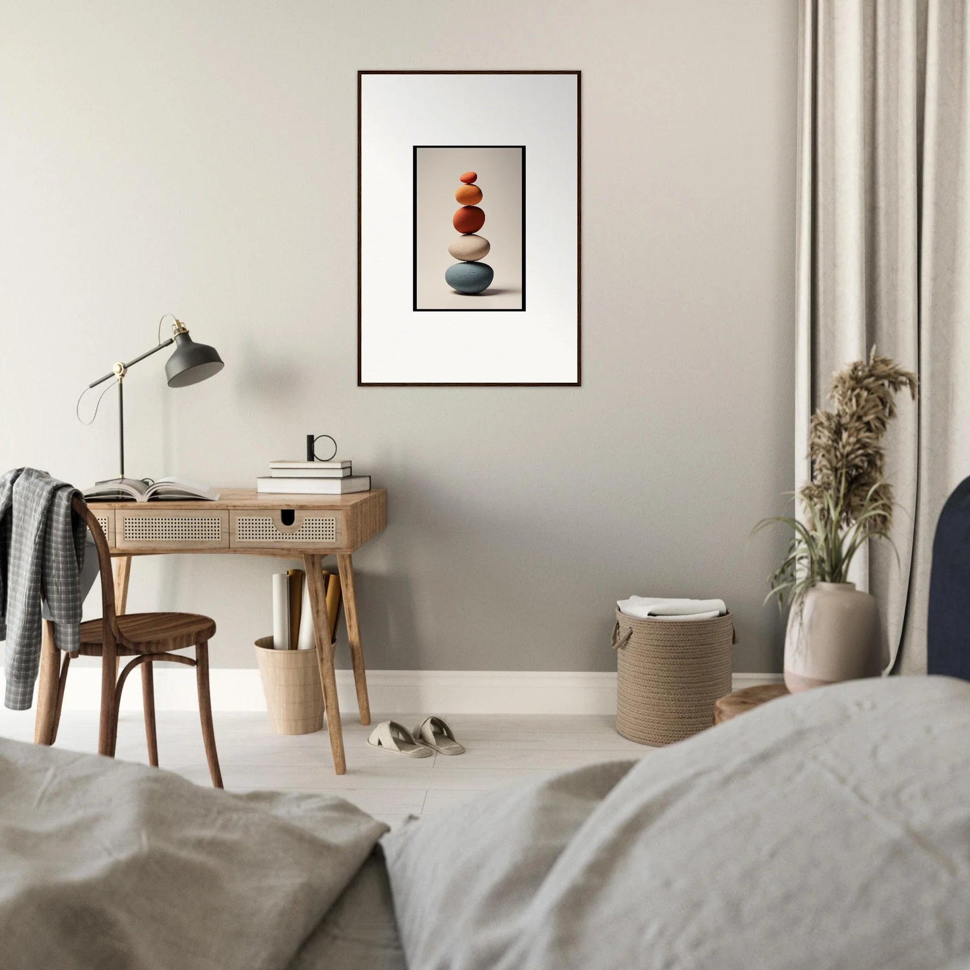 Framed wall art featuring red and blue stacked spheres for elegant room decor