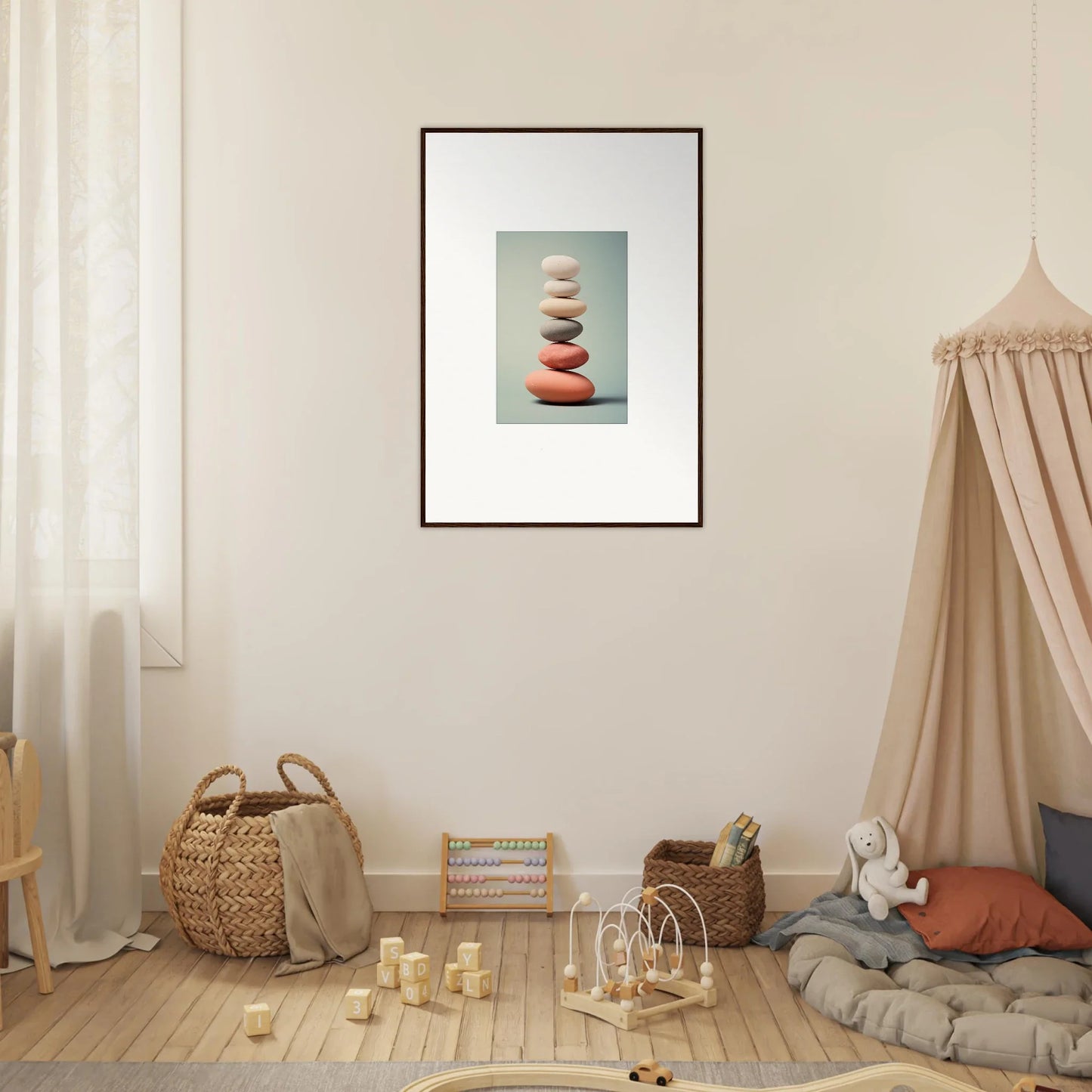 Framed wall art of stacked stones enhances room decor with natural elegance