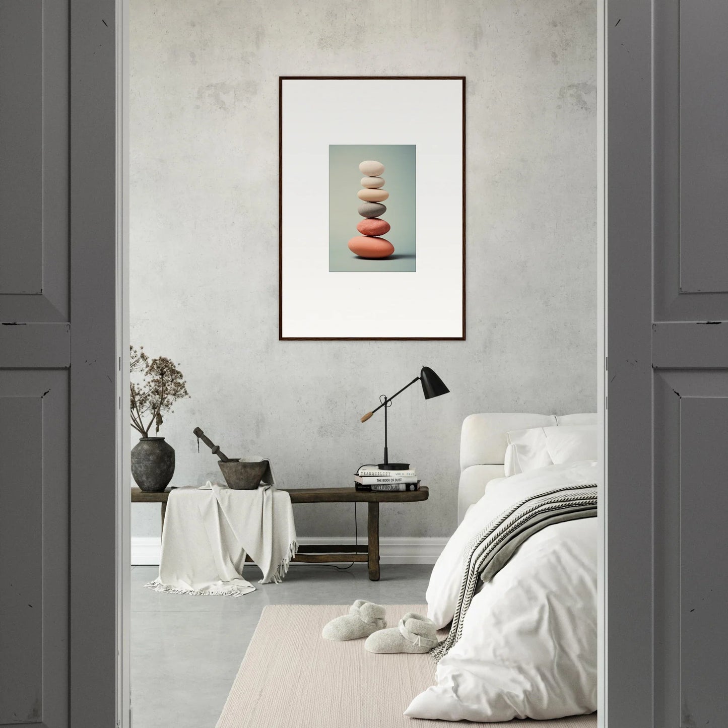 Framed wall art of stacked stones in minimalist bedroom, ideal room decor canvas prints