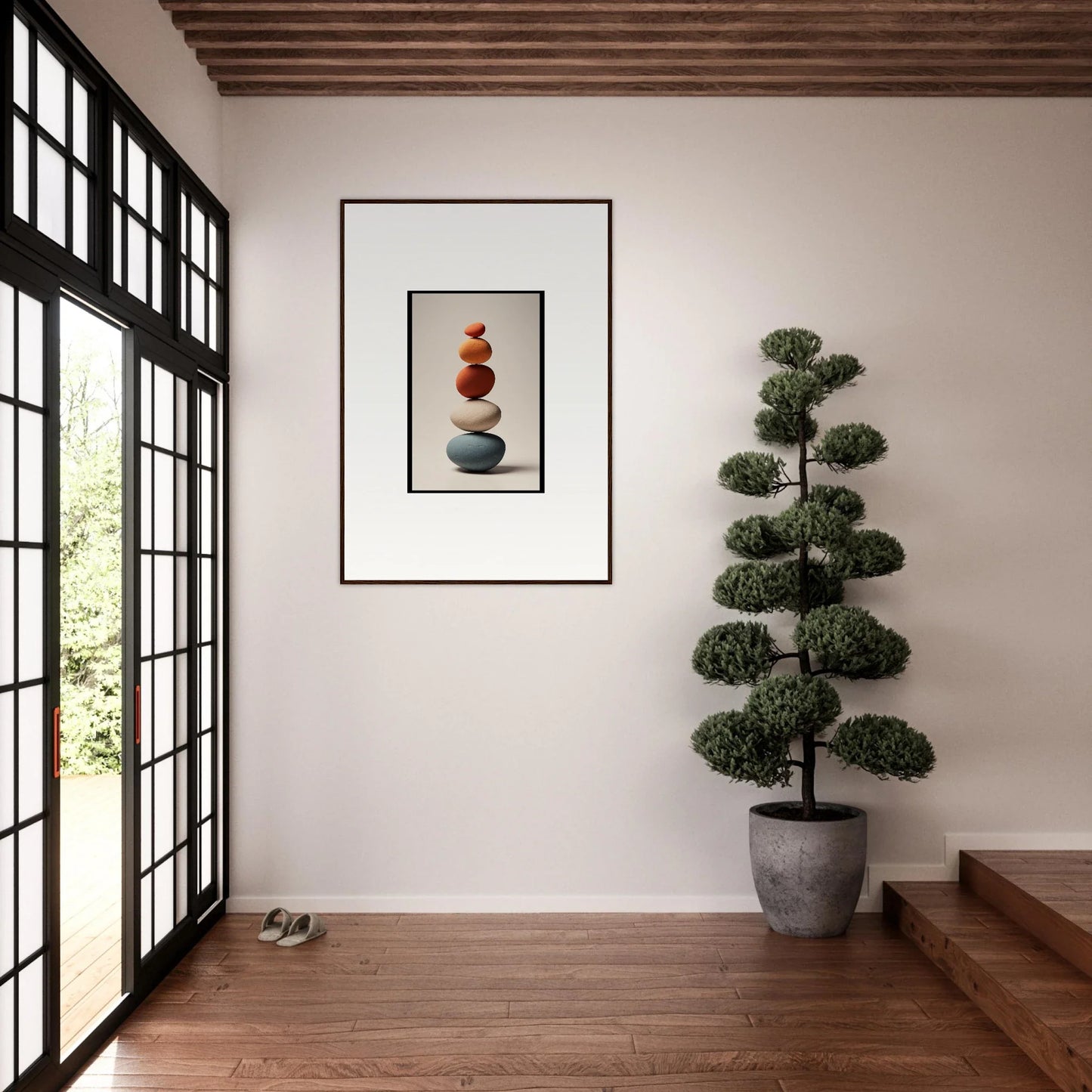 Framed wall art of balanced stones for zen-inspired collage poetry room decor