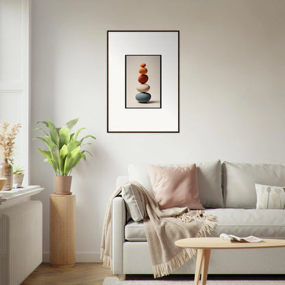 Framed wall art of balanced stacked stones for serene room decor and collage poetry