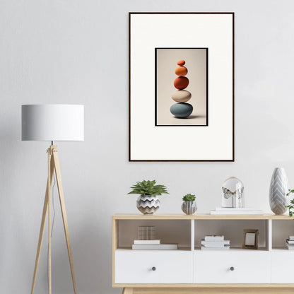 Framed wall art showcasing colorful stacked stones for serene room decor in collage poetry