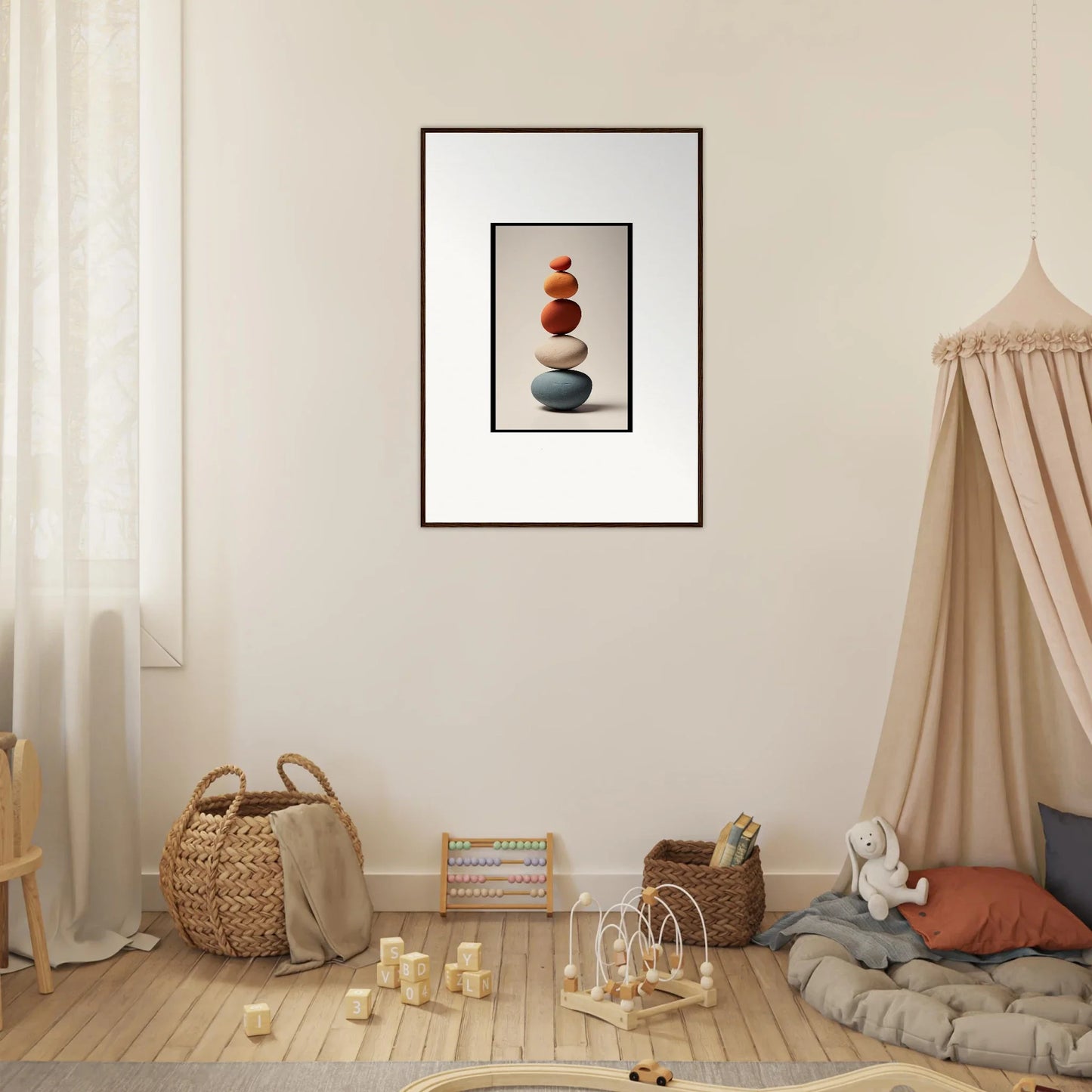 Framed wall art featuring balanced stones, perfect for Zen Collage Poetry room decor