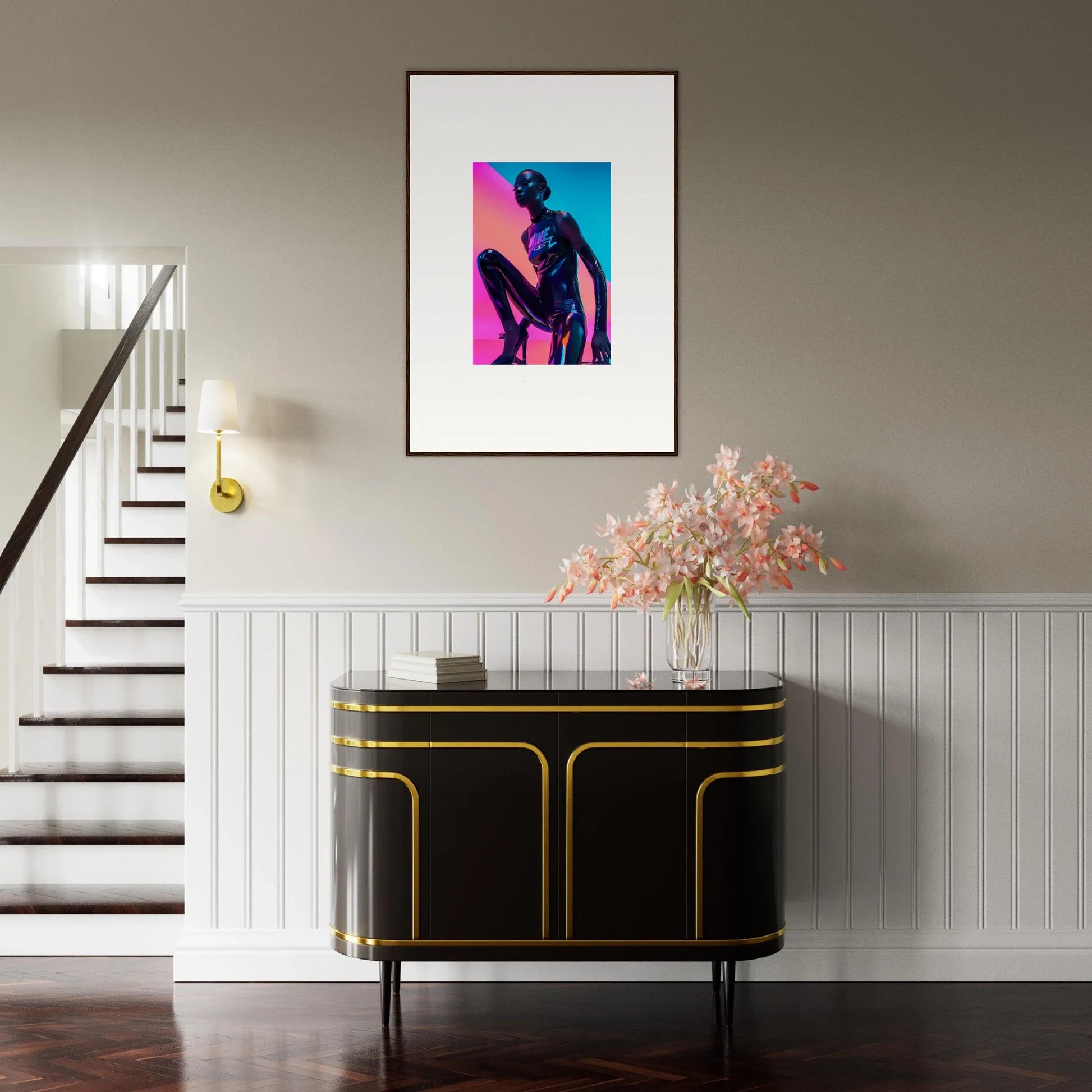 Framed wall art of a blue figure on pink, perfect for Neon Symphony room decor