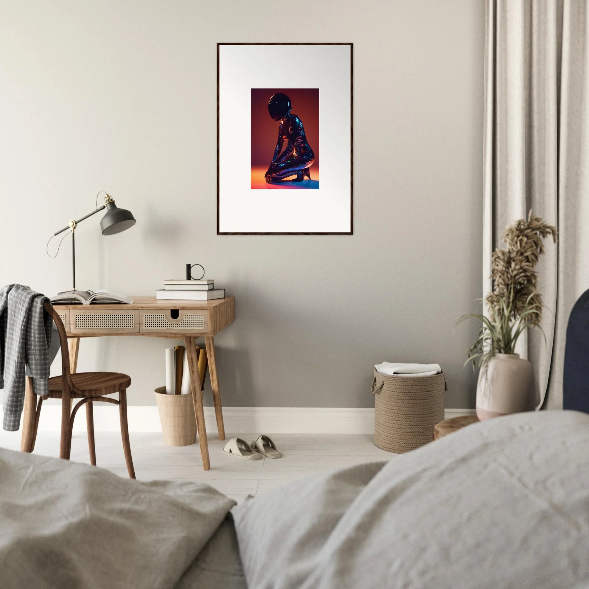 Framed wall art of blue figure on red background, perfect for night oracle room decor