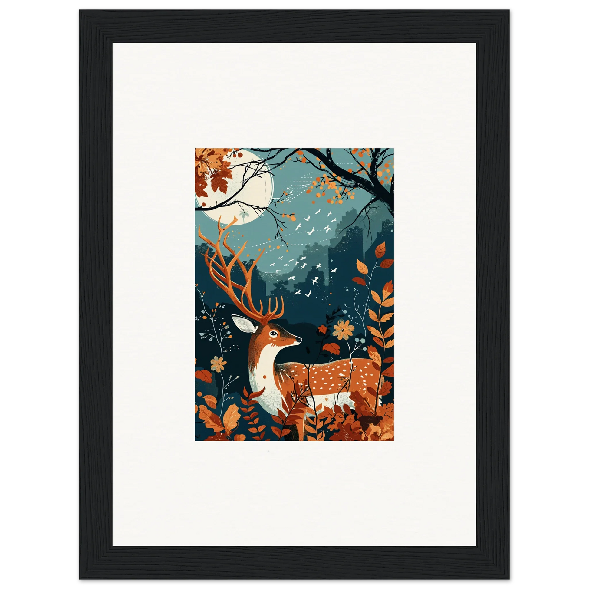 Framed wall art of a stylized deer in an autumn forest for starlight coalescence room decor