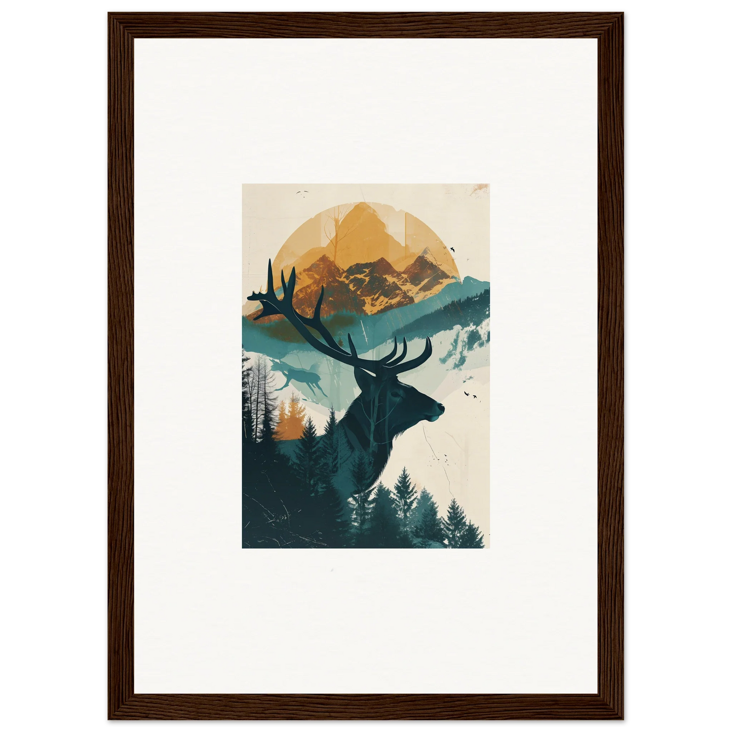 Framed wall art of a stylized deer silhouette in a serene reflection solace scene